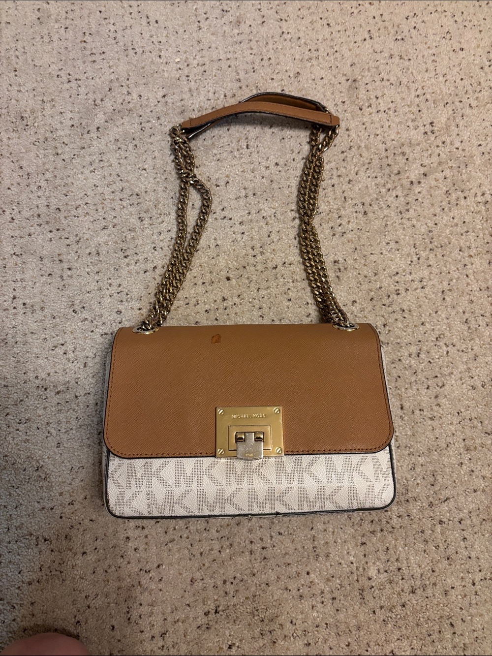 Michael Kors Tan and Cream MK Logo Shoulder Bag / crossbody with Gold hardware